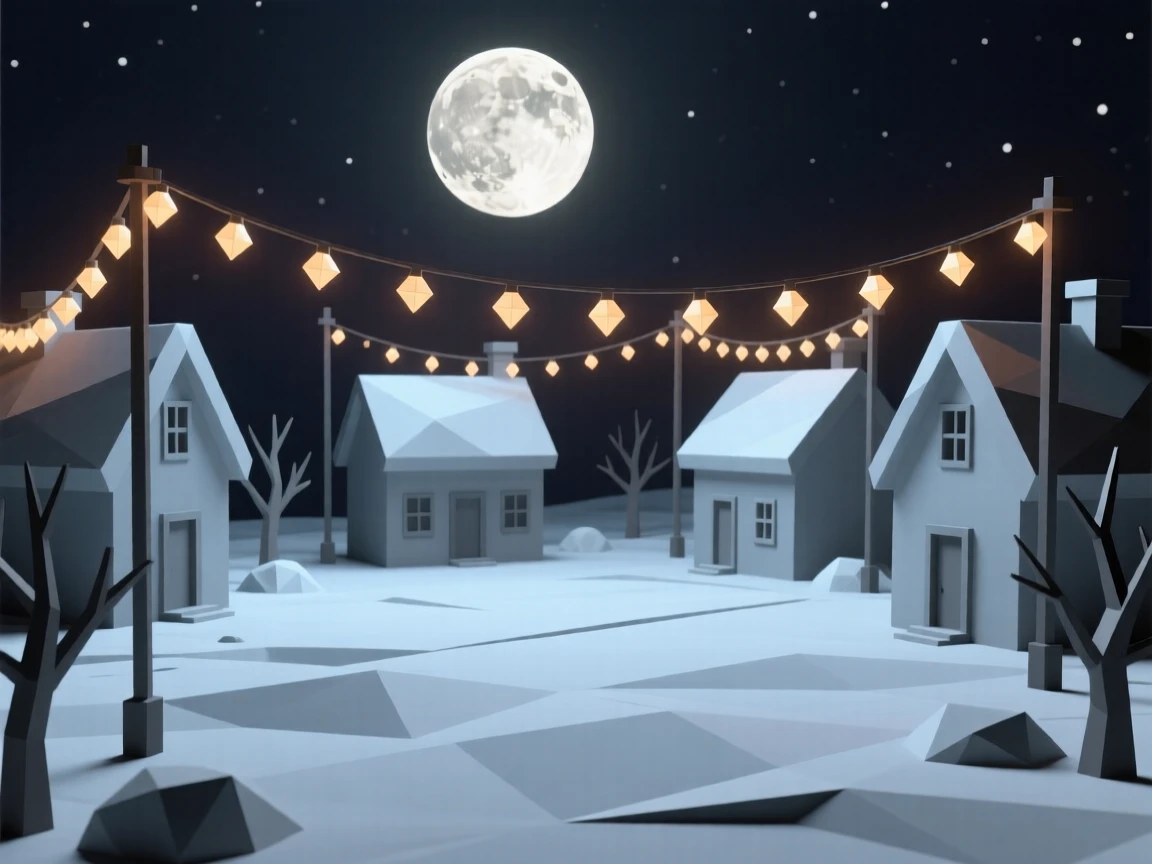 A quiet snowy village square lit with string lights, beneath a full harvest moon. warm glowing lights create a festive ambiance. It captures a moment of pure celebration.