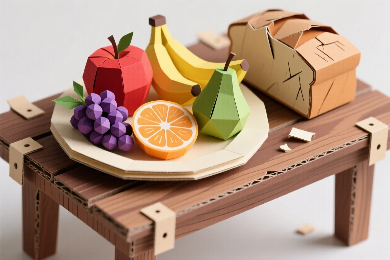 A colorful fresh fruit platter set on a rustic wooden table, with warm bread resting alongside, evoking comfort and rich flavor.