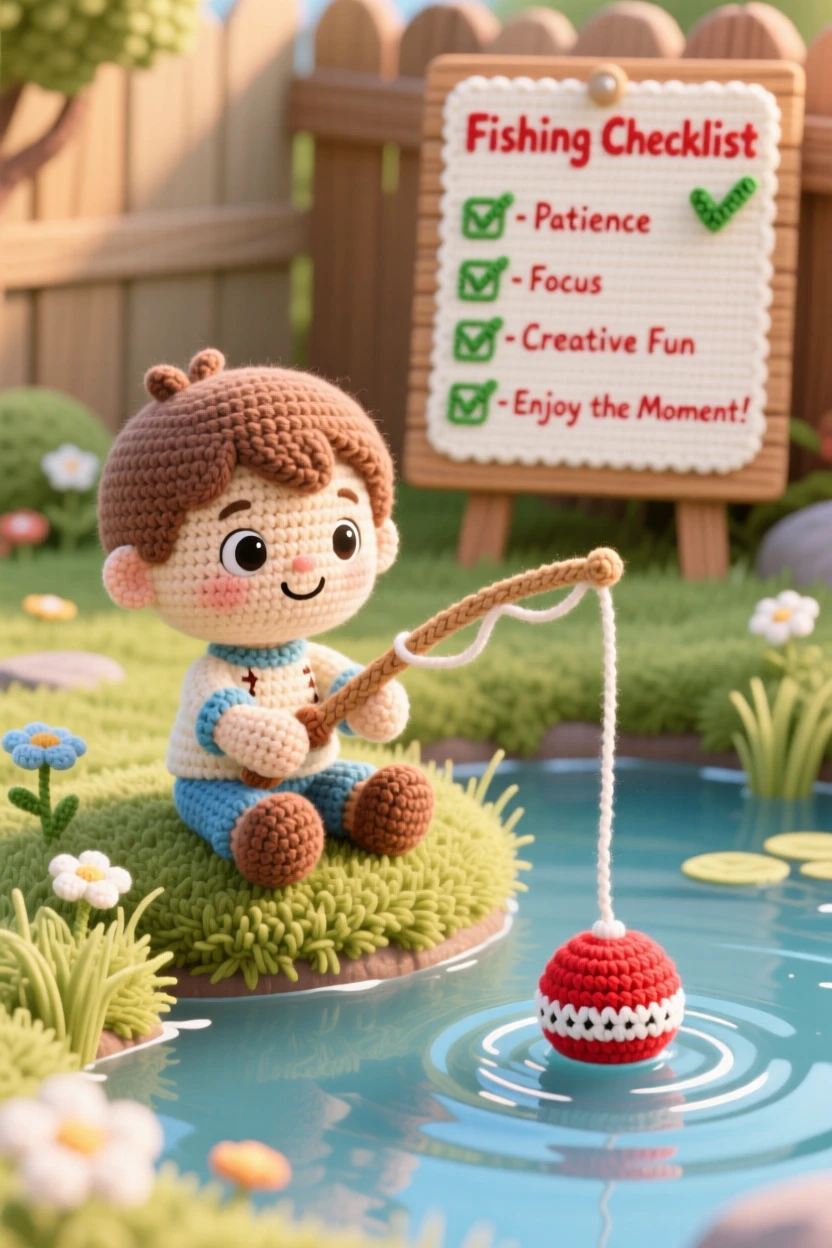 A cheerful scene of a small boy fishing at a quiet pond with a simple rod and a patient smile, watching the bobber ripple the water within a sunny backyard on a warm afternoon; a cheerful checklist pinned to a board nearby, full of patient concentration and creative satisfaction.