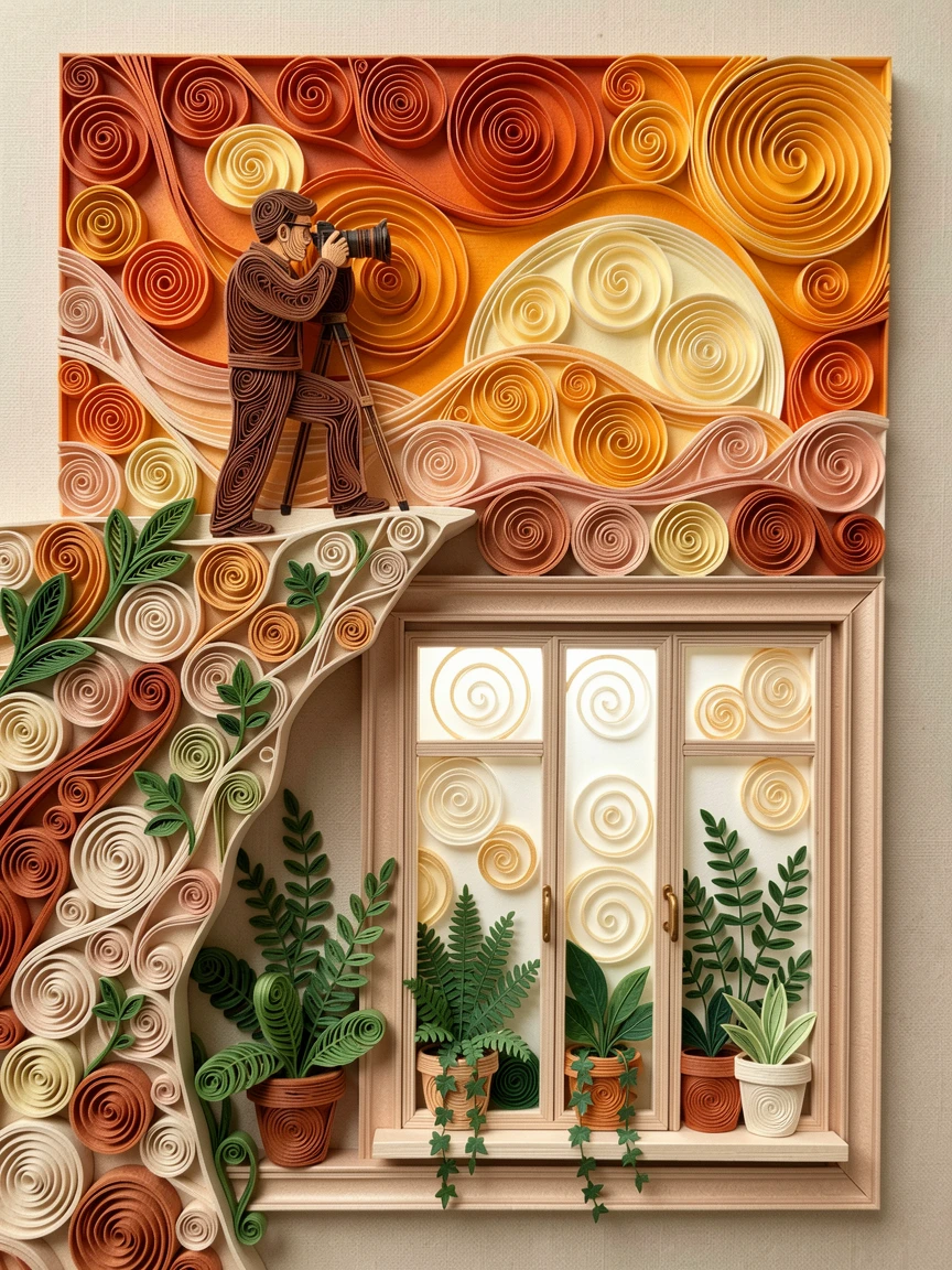 a photographer capturing a sunset from a cliffside, in a bright, plant-filled apartment, framed with warm natural light streaming in, in warm neutral tones of beige and terracotta.