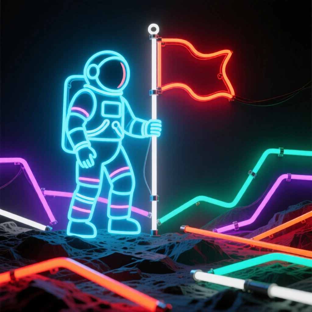 An astronaut planting a flag on a rocky alien world.