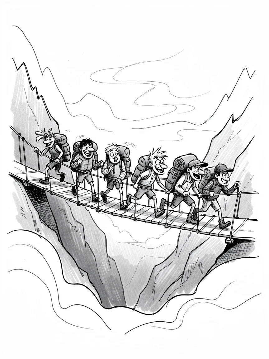 A group of hikers crossing a rope bridge through a misty valley at dawn.
