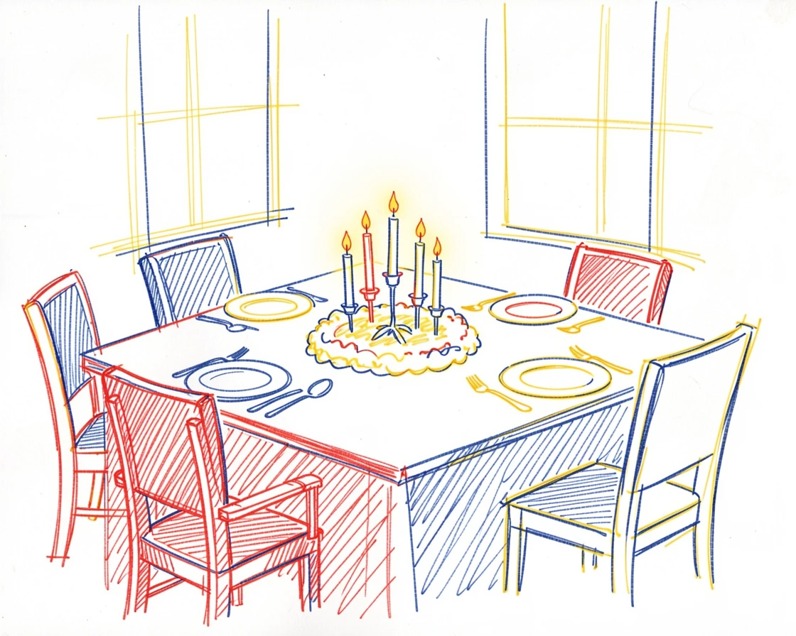 A festive table glowing with candles for a family Thanksgiving dinner