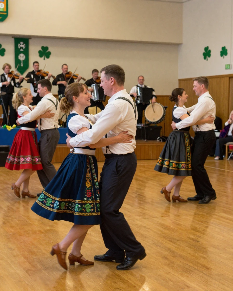 An Irish céilí dance with couples spinning in a hall