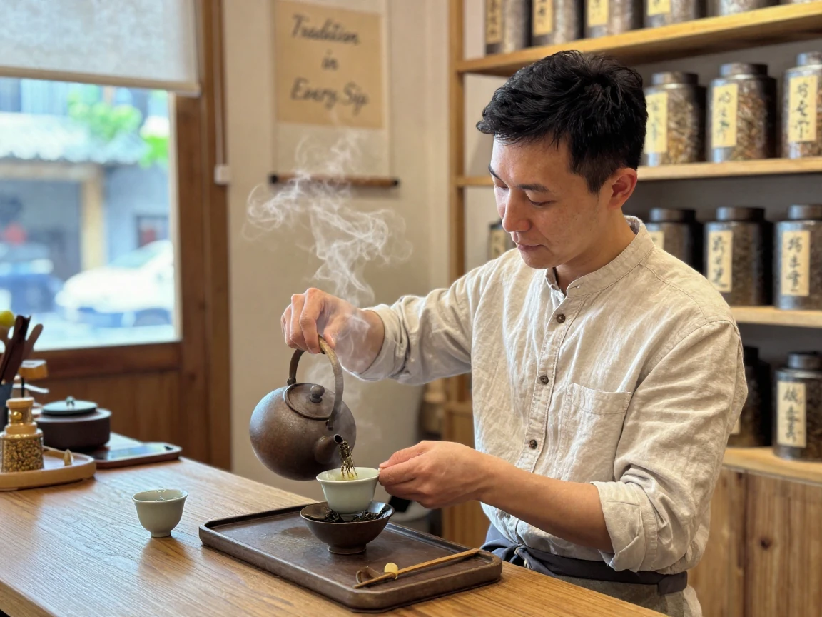 A tea master pours steaming water over leaves in a small traditional shop.