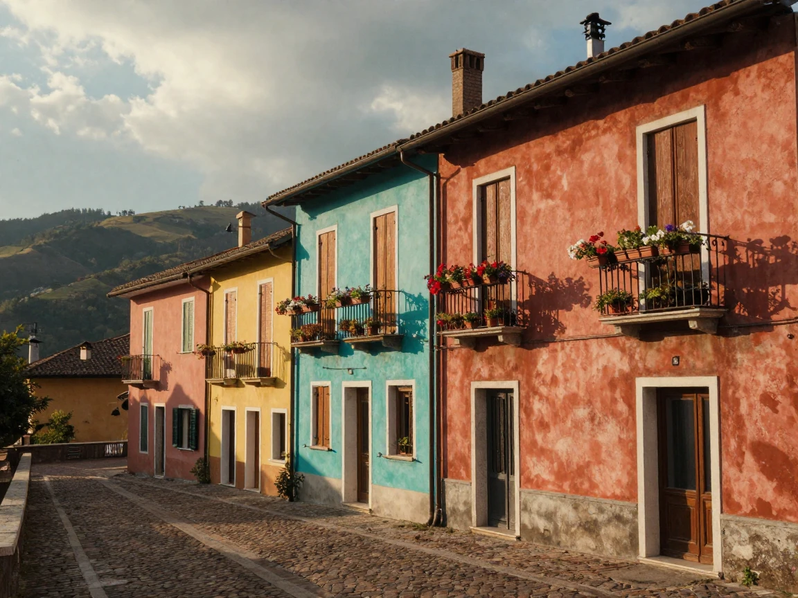 A row of colorful canal houses standing quietly within the walls of an old Italian hill town