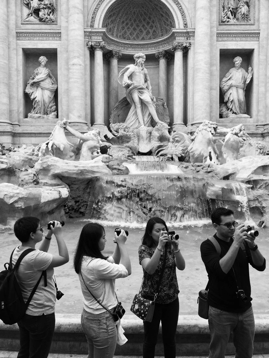 A group of tourists photographs a famous fountain beside an ornate marble monument.