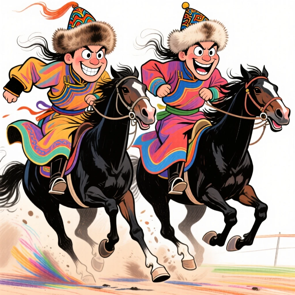Traditional Mongolian riders competing in the Naadam festival horse race.