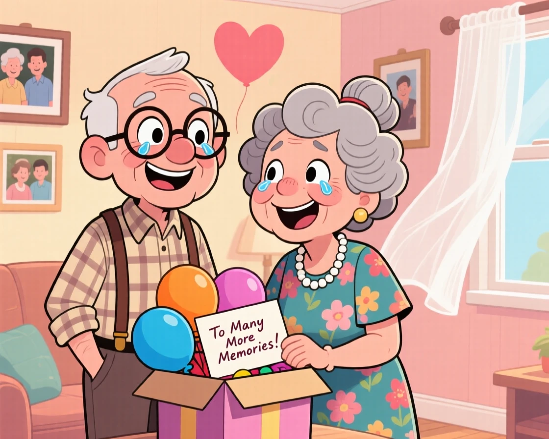 A heartwarming moment depicting two old friends receiving a surprise that brings happy tears, as a gentle breeze stirs nearby curtains.