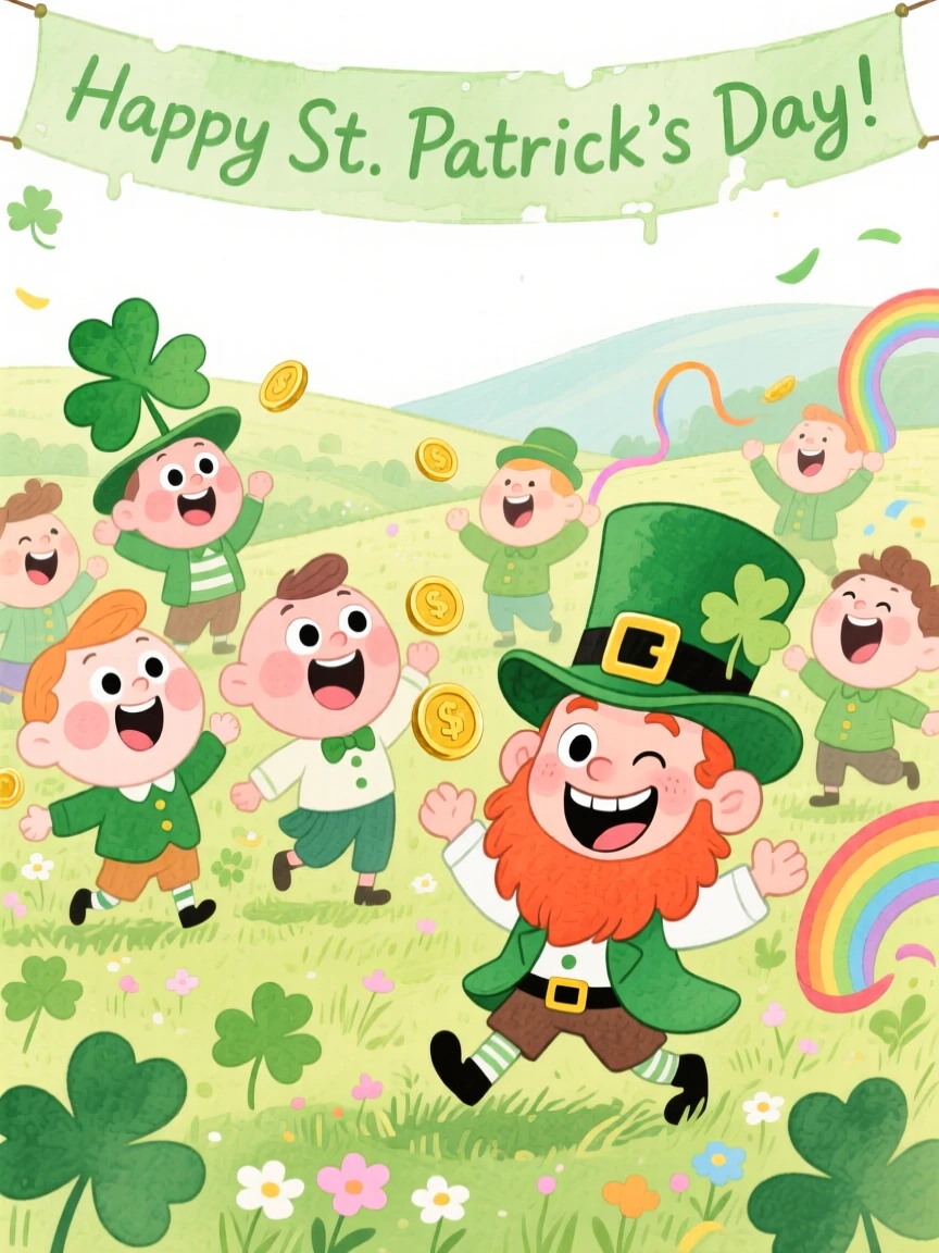 A joyful celebration scene of a St. Patrick's Day celebration with clover-covered fields, bursting with color and joy