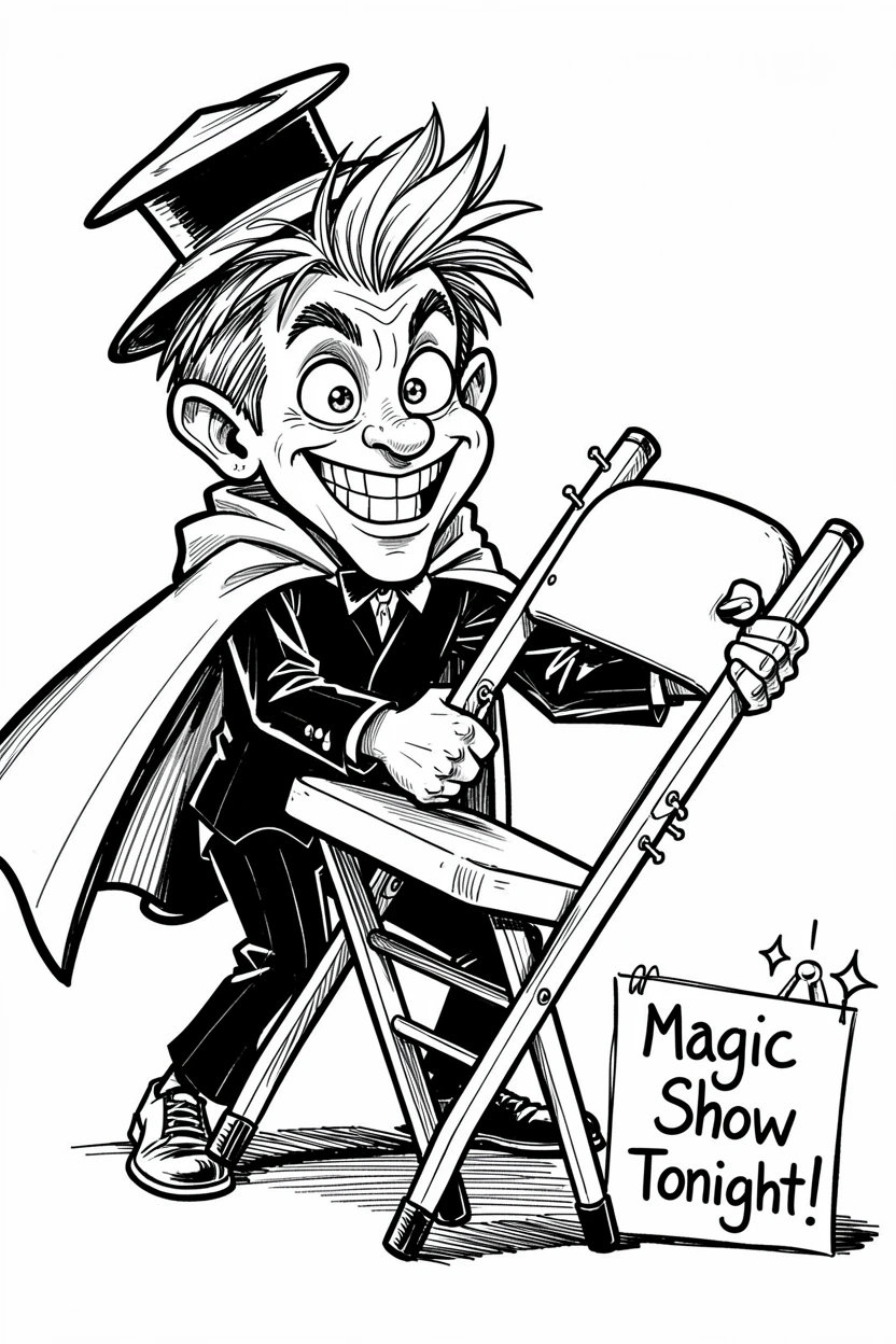 [Funny & Exaggerated Situations] Comical scene of an overconfident amateur magician wrestling with an uncooperative folding chair, exaggerated for maximum laughs