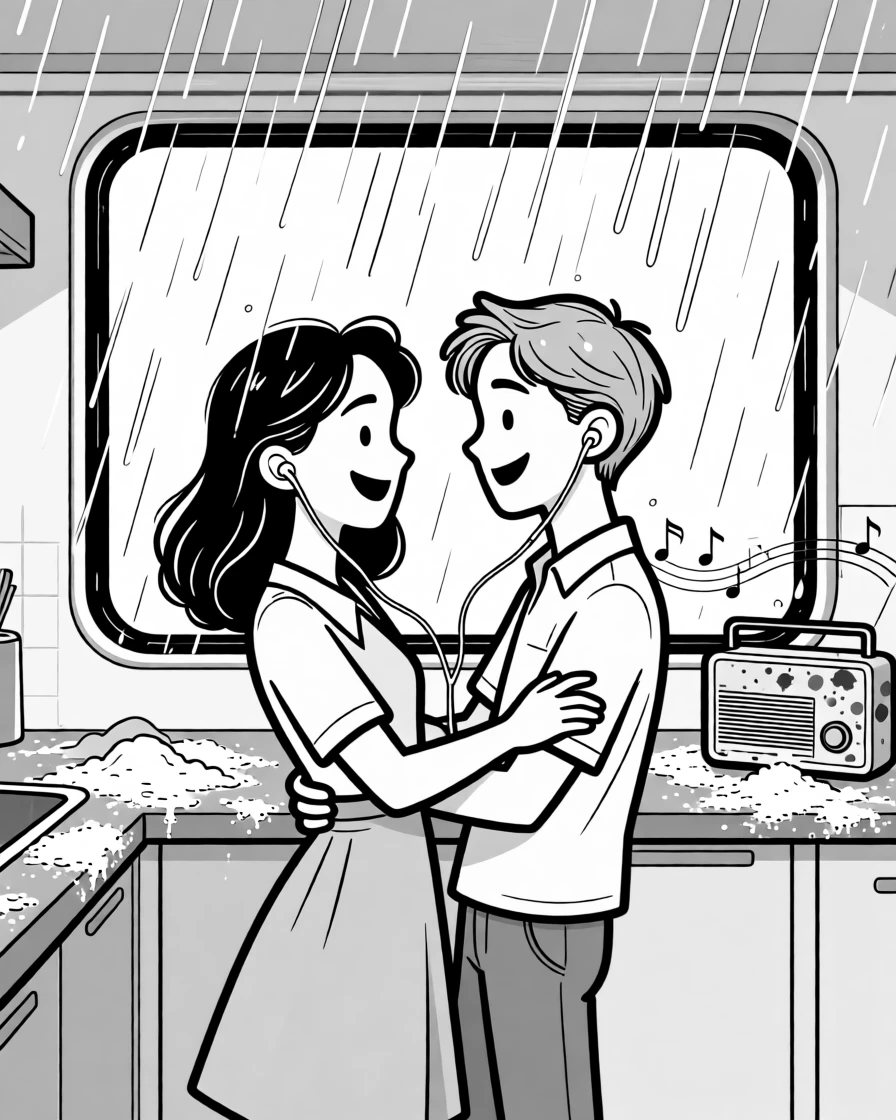 Two people sharing one pair of earbuds on a train, twirling each other under the pouring rain, set in a kitchen dusted white with flour. A paint-stained radio plays faintly in the background. It captures romance in its most playful, everyday form.