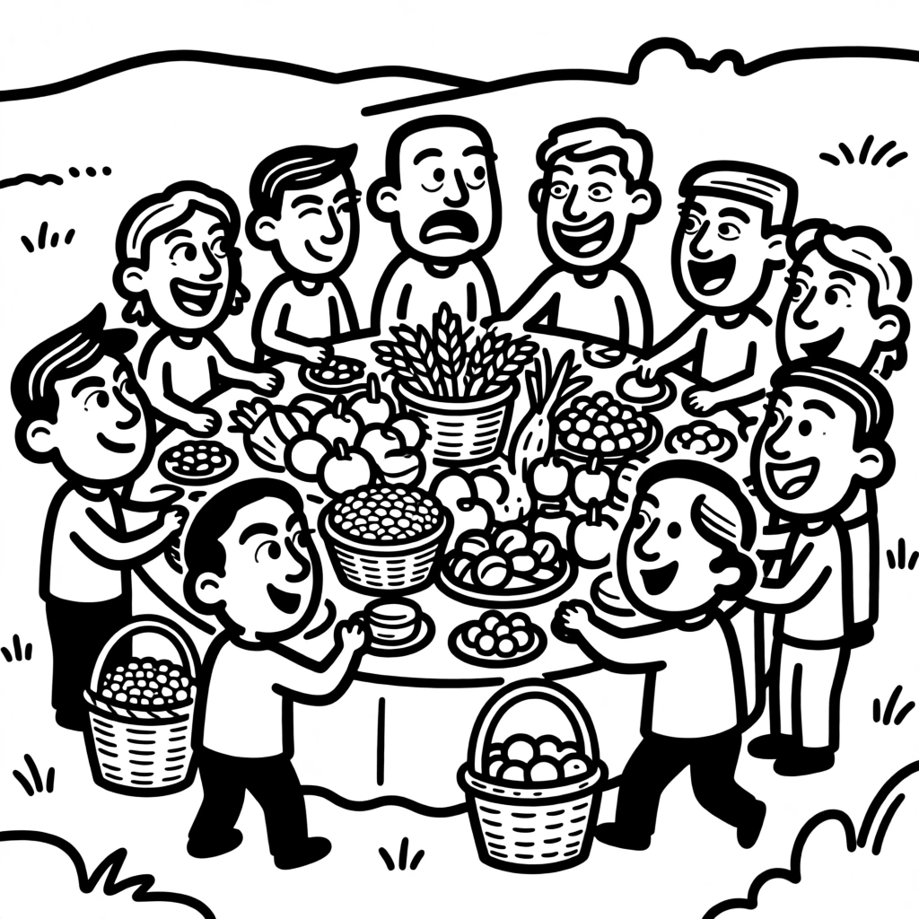 A traditional harvest festival with a community sharing a large outdoor feast.