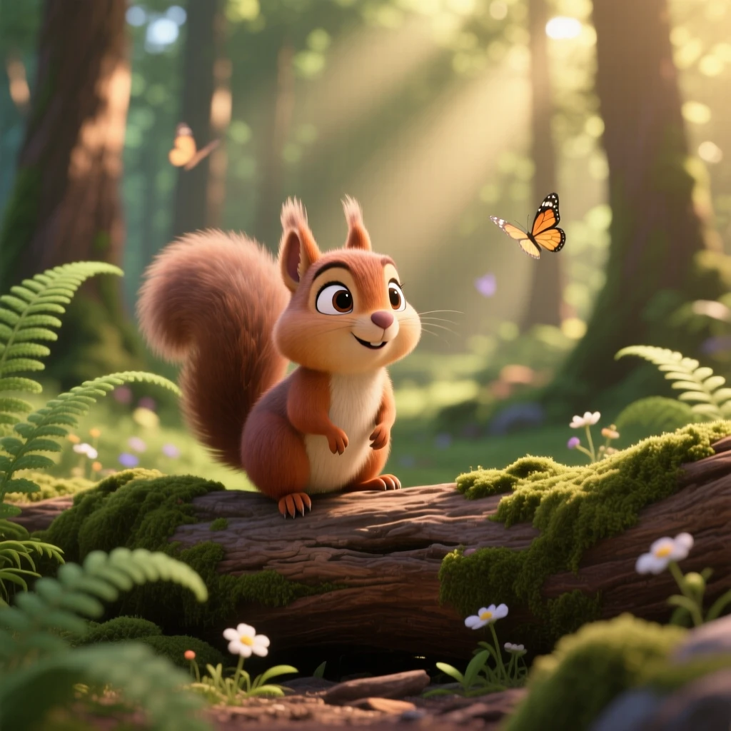 A baby squirrel is perched on a mossy log in a quiet forest, wiggling its ears at a sound. The mood is soft, tender, and endearing, with soft shadows framing the scene.