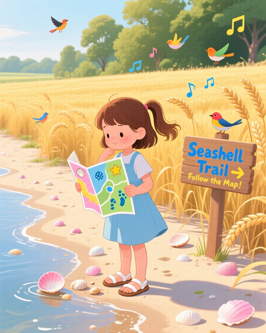 A girl following a trail map pauses while searching for shells along a quiet shoreline in a golden wheat field, with birdsong echoing through the trees.