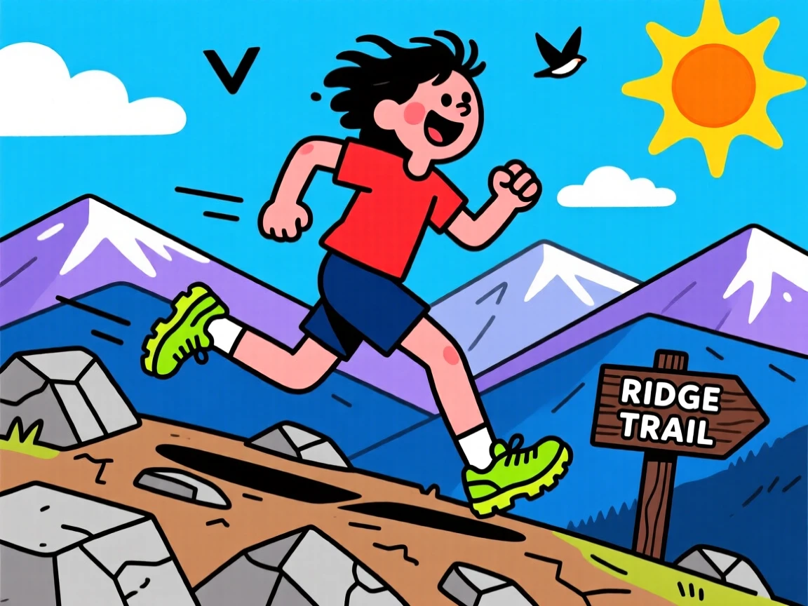A trail runner cresting a ridge with a mountain view ahead.