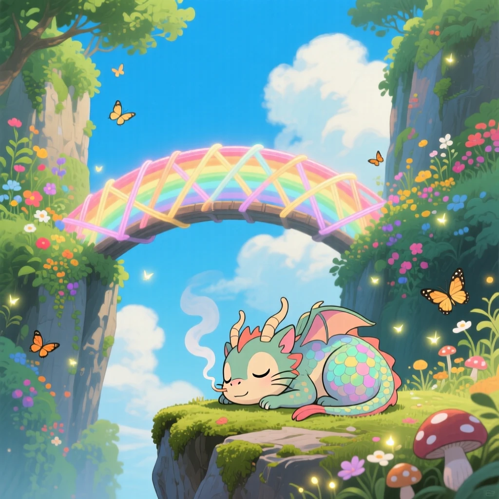 A bridge made of woven rainbow light connecting two cliffs, where a small dragon curled up like a cat can be seen nearby, the atmosphere whimsical and joyful.
