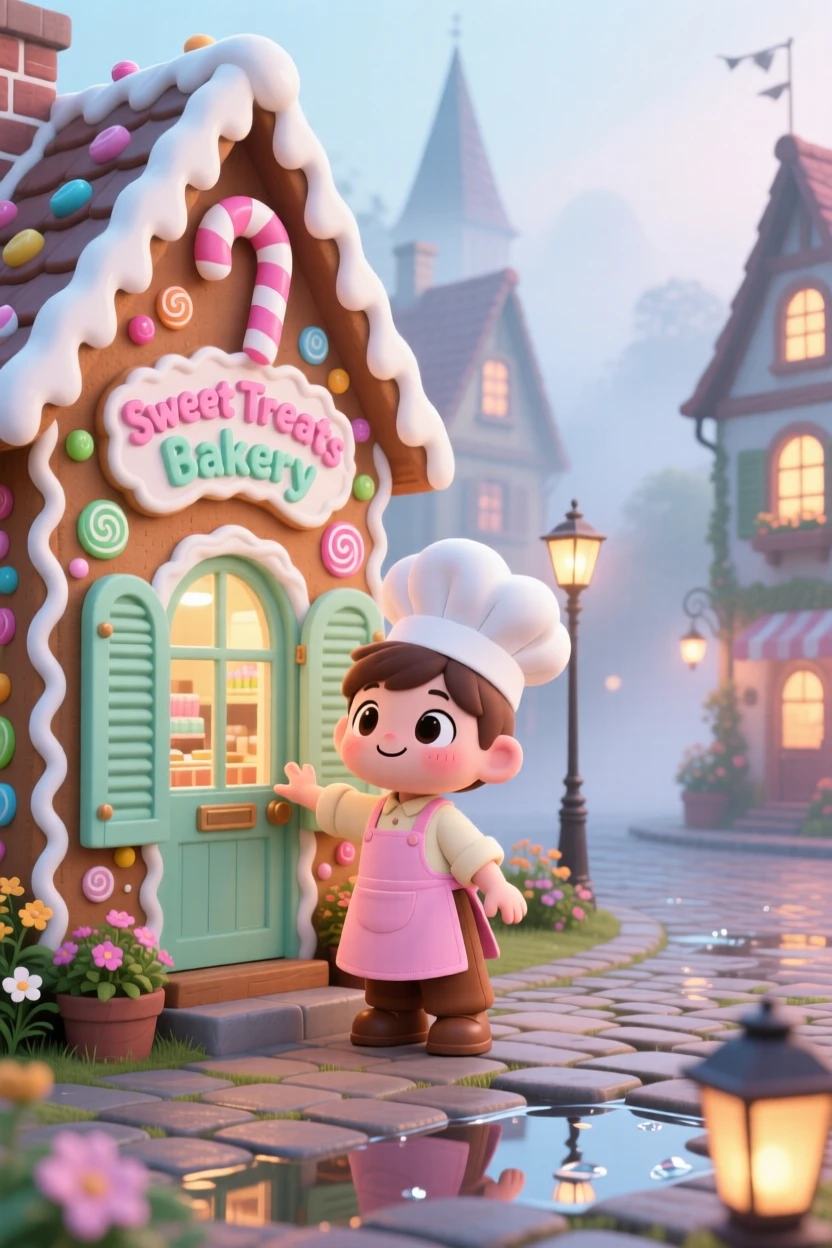 Over-the-shoulder view: a little baker, opening the shutters of a gingerbread-shaped shop, set against a cozy storybook village square on a misty foggy morning, with shimmering reflected light off water and a mood of warm affection.