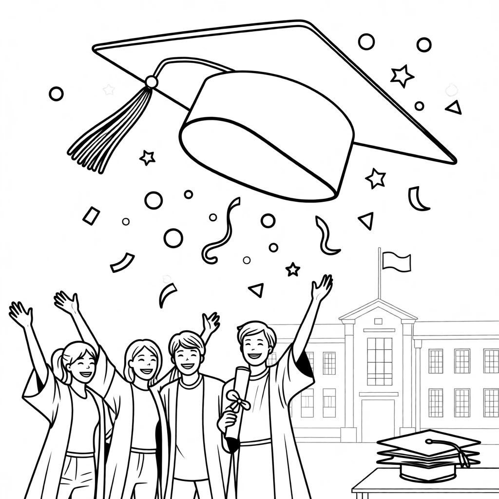 A graduation cap being tossed into the air, with confetti falling through the air.