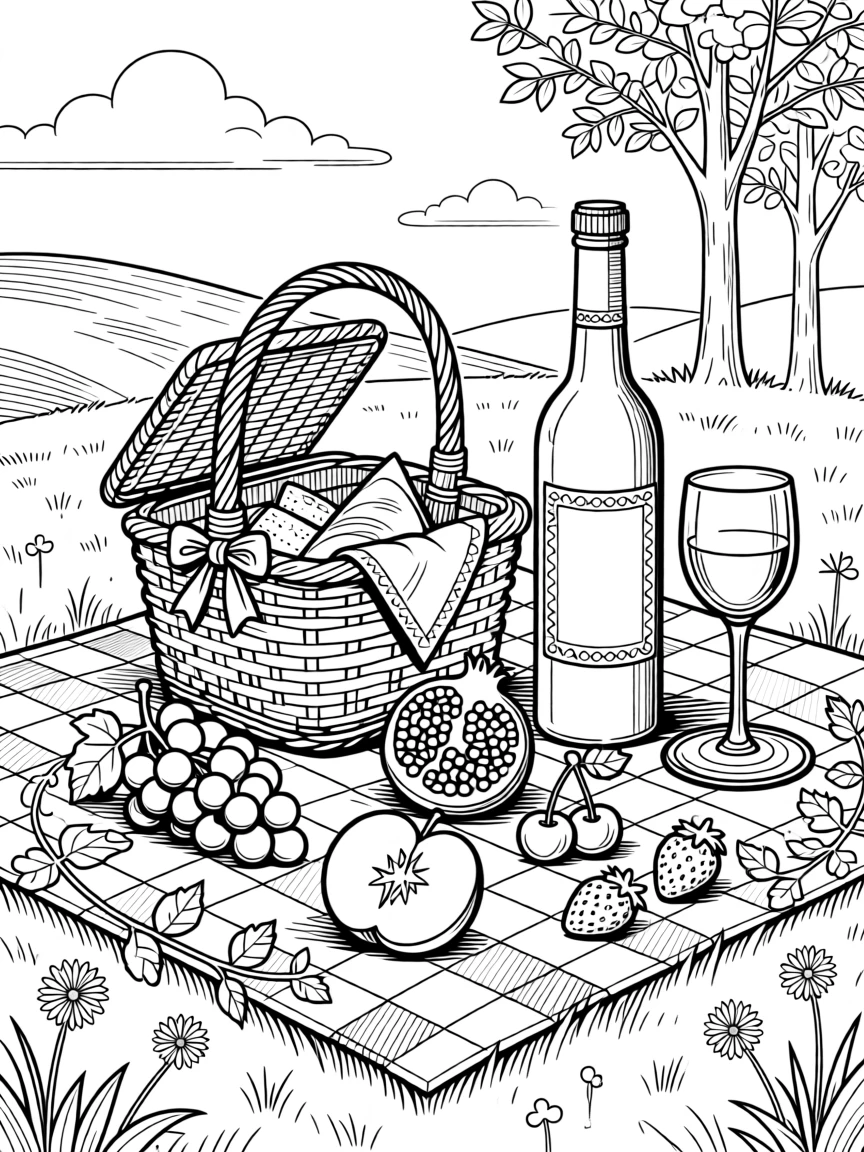 A picnic basket scene with a checkered cloth, wine, and fresh fruit.