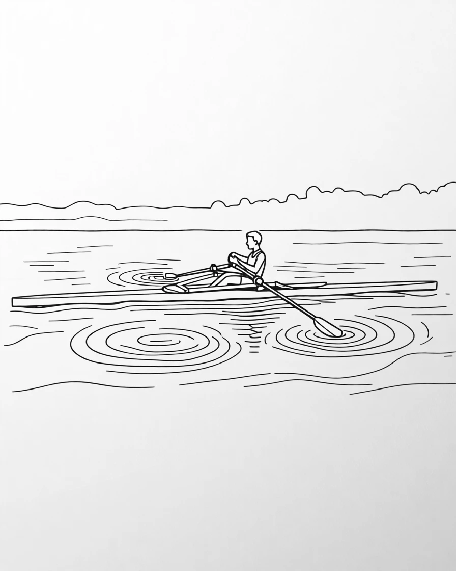 A rower gliding across a calm lake at dawn