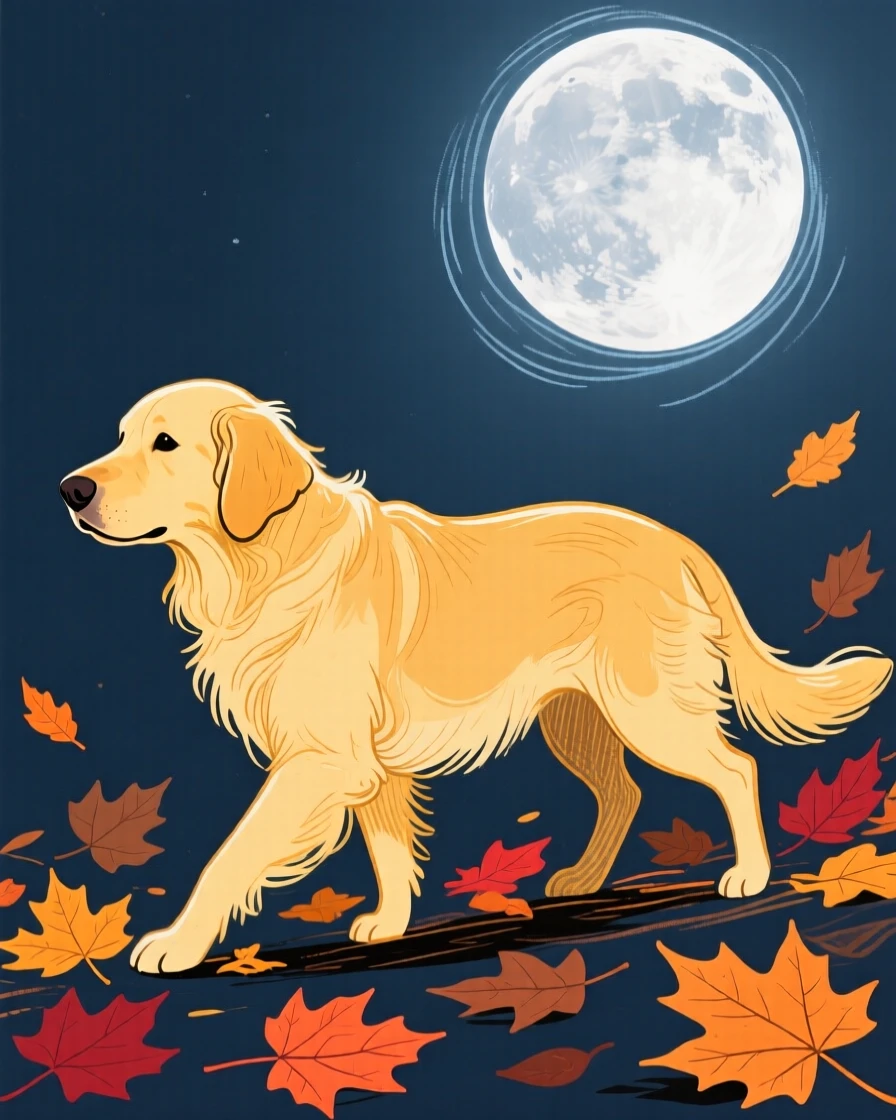 A golden retriever wandering among autumn leaves under a full moon.