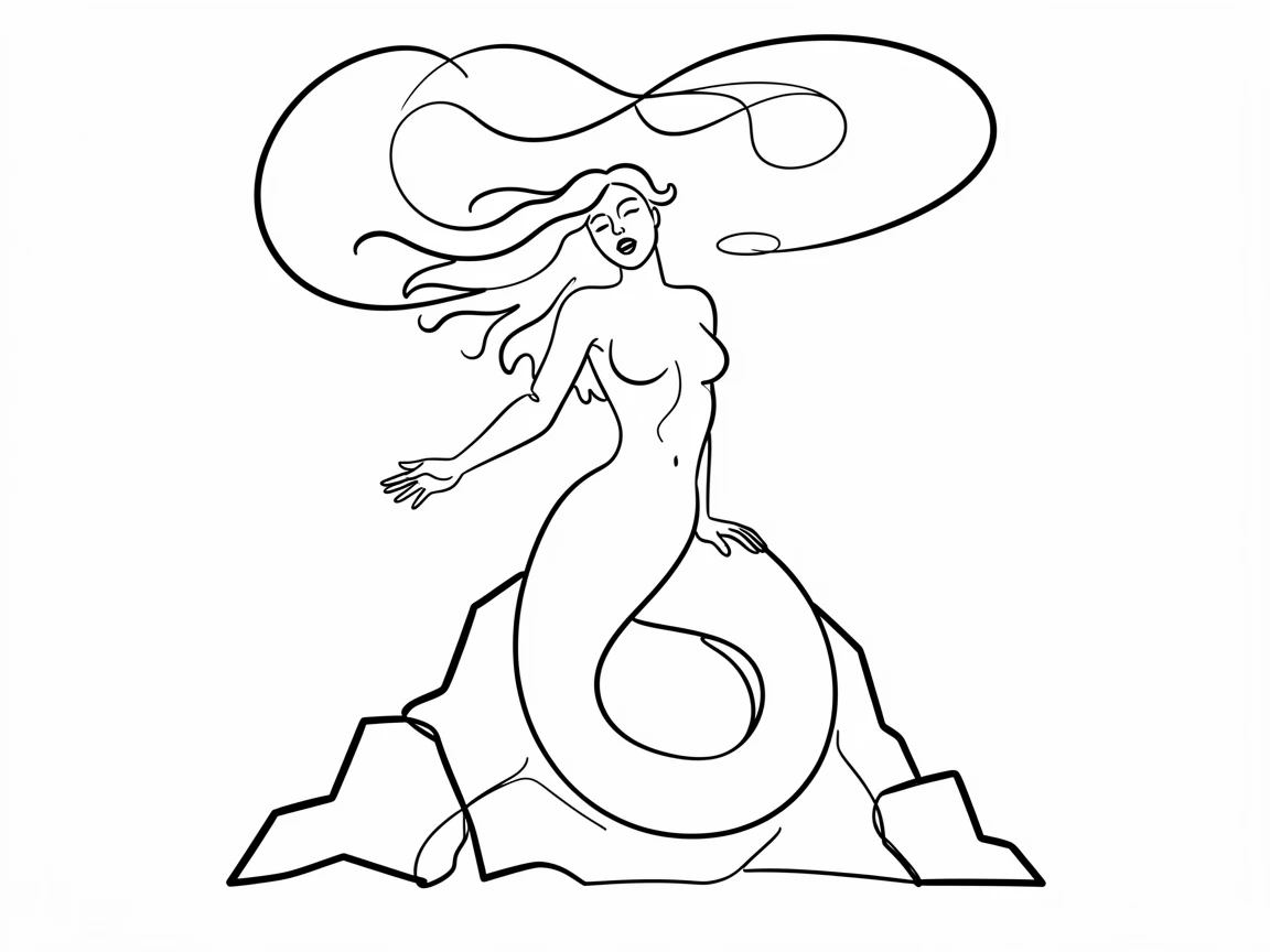 A siren perched on a rocky reef singing beneath a stormy sky