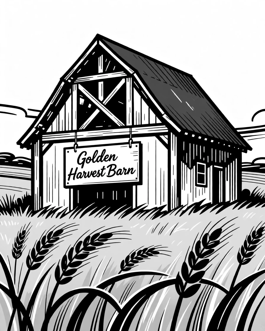 A rustic barn with a red roof standing in a golden wheat field.