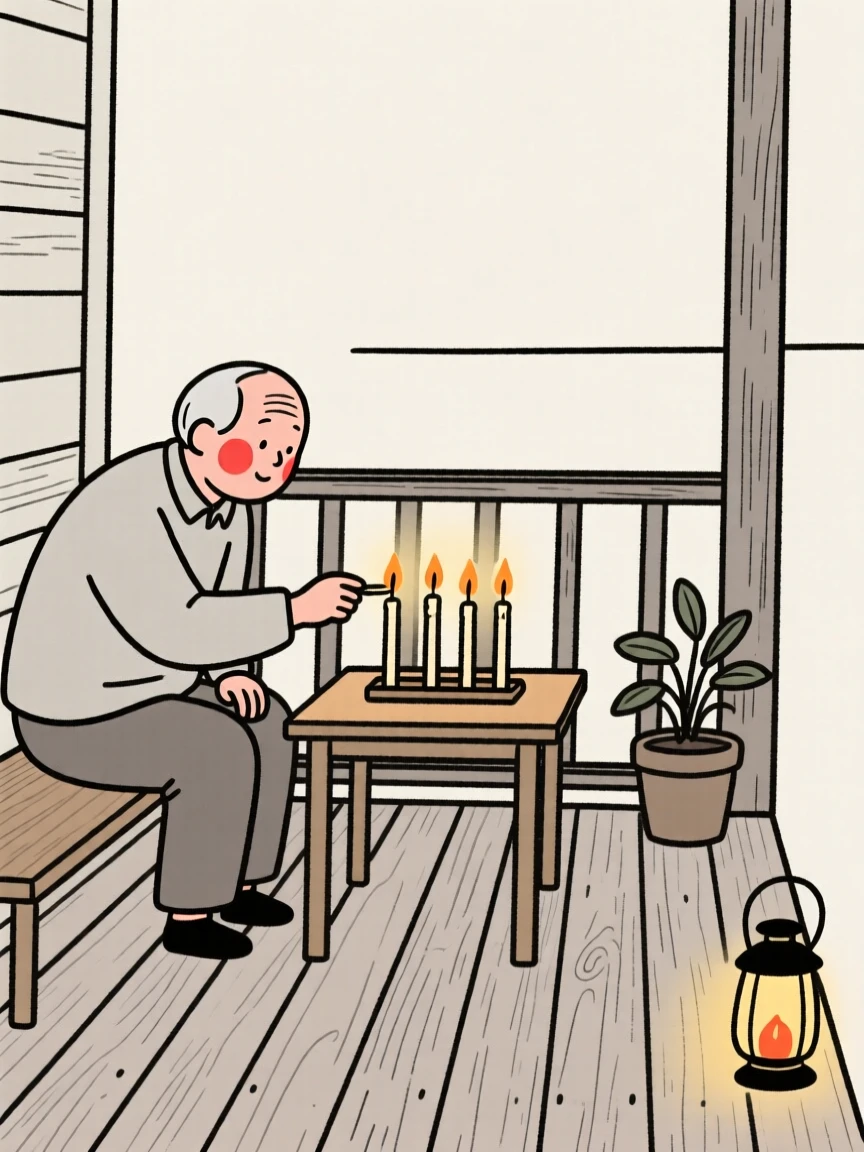 A grandfather lighting candles for a quiet celebration, on a rustic wooden porch.