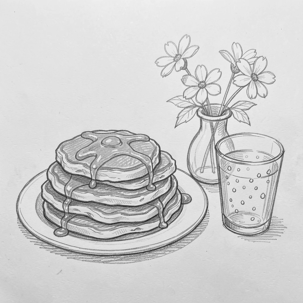 An appetizing still life of a stack of golden pancakes drizzled with syrup beside fresh flowers in a vase, with condensation glistening on a nearby glass.
