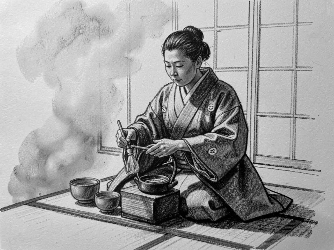 A traditional tea ceremony performed with quiet precision, with a gentle mist rolling through the background.