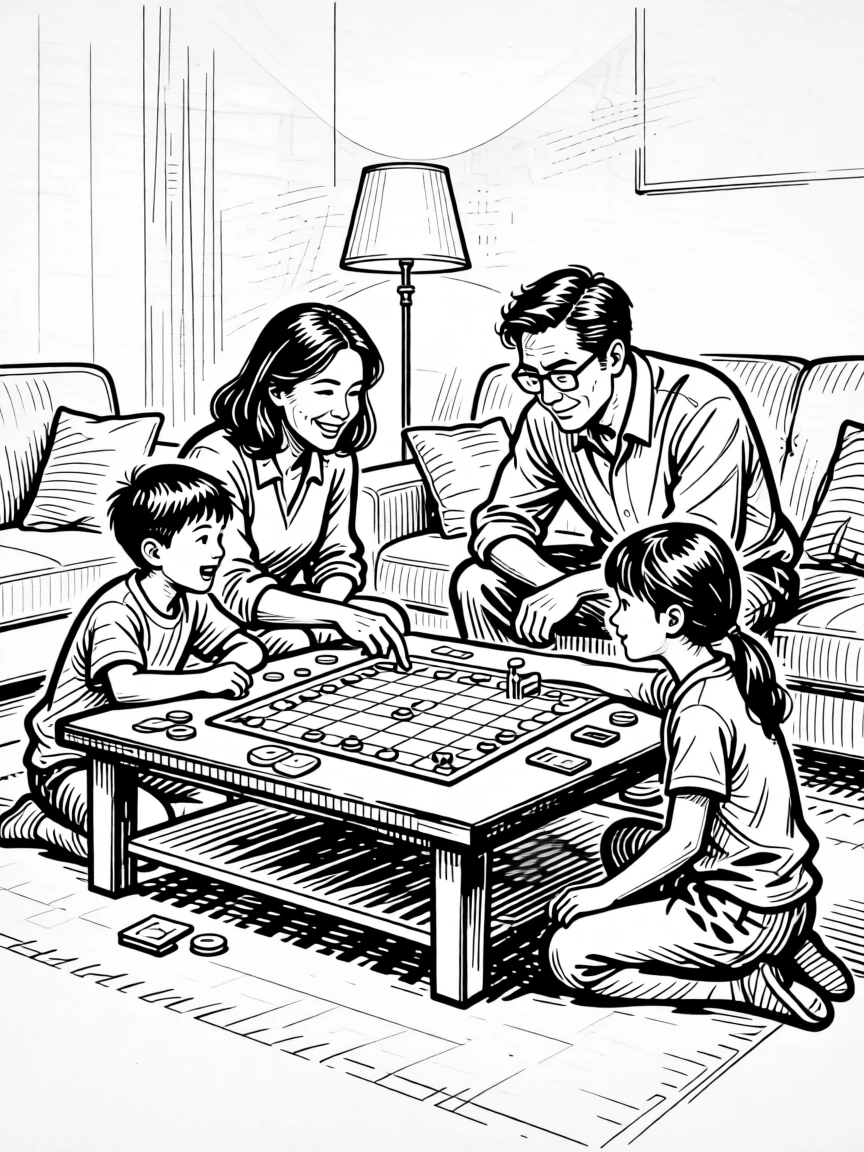 A family playing board games together around a living room coffee table.