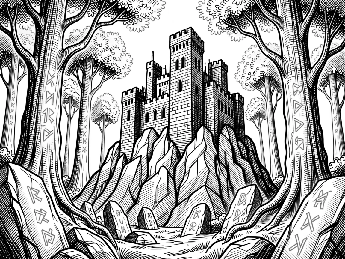 A castle built into the side of a mountain within a forest of towering luminous trees, with glowing runes etched into ancient stone, forming a gently otherworldly fantasy scene.