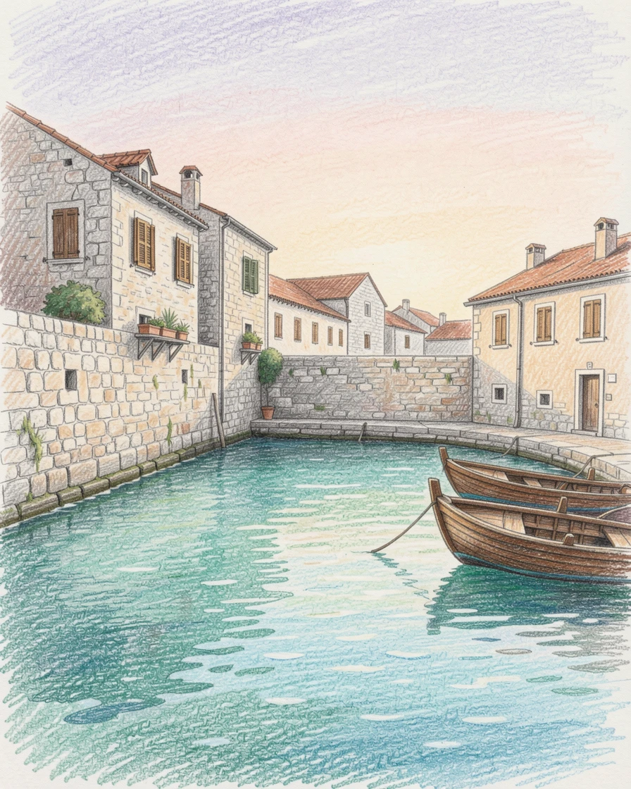 A Croatian old town harbor with stone walls and turquoise water, set against a softly lit, atmospheric backdrop, capturing a quiet story that lingers with the viewer.
