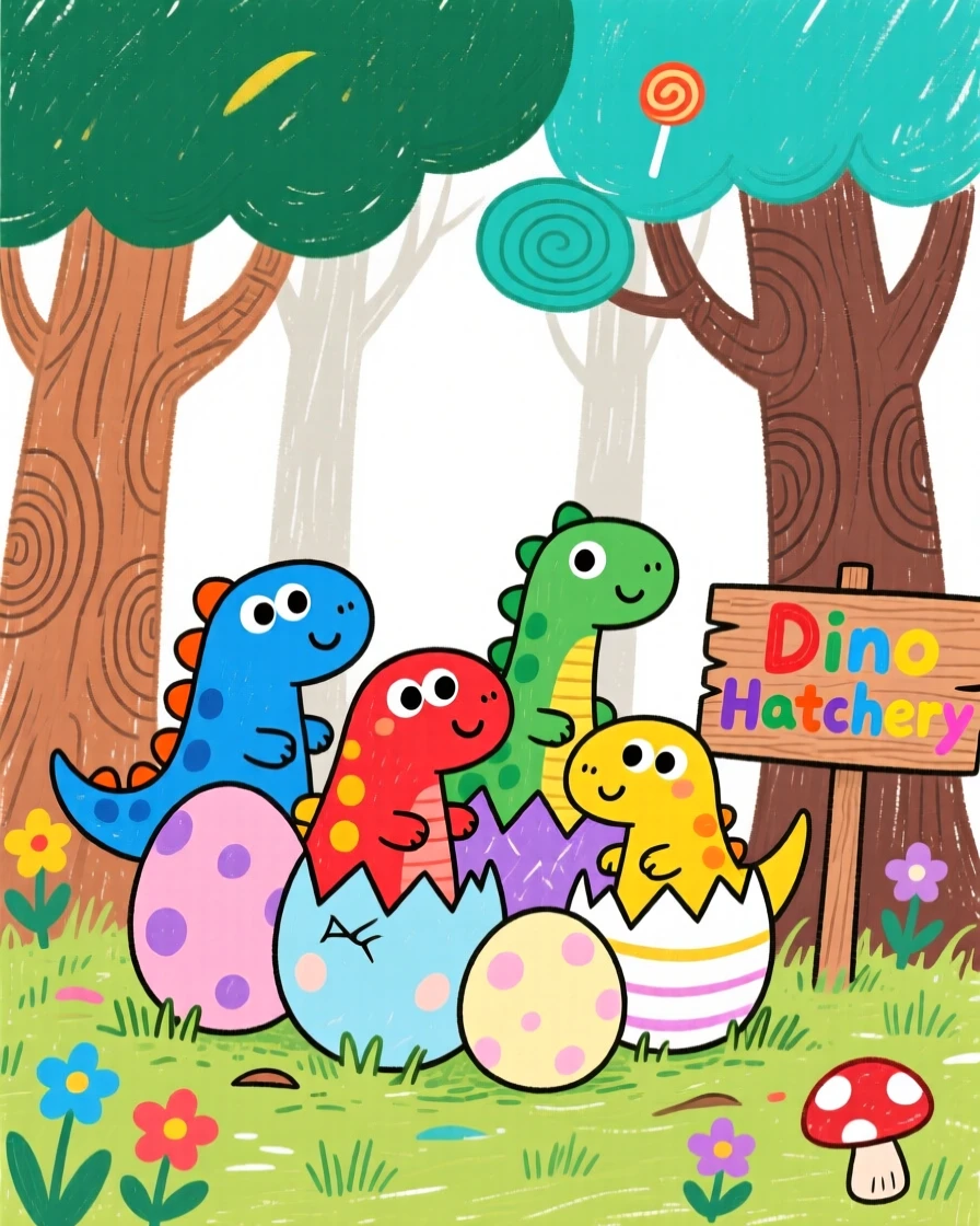 A friendly pack of young dinosaurs hatching from eggs under a canopy of ancient towering trees.