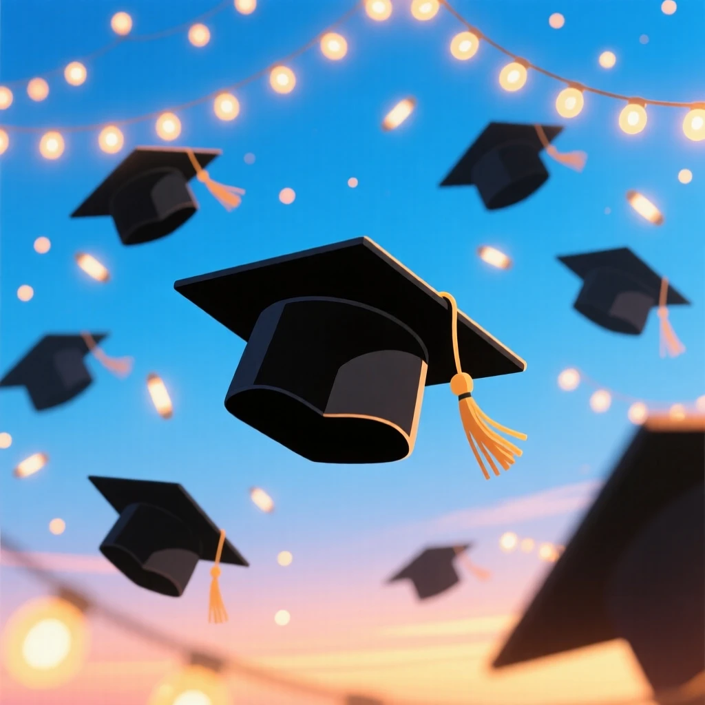 A cheerful graduation cap toss under a bright blue sky, surrounded by twinkling fairy lights at dusk, composed with warm inviting light filling the scene, with warm twinkling lights adding a magical sparkle.