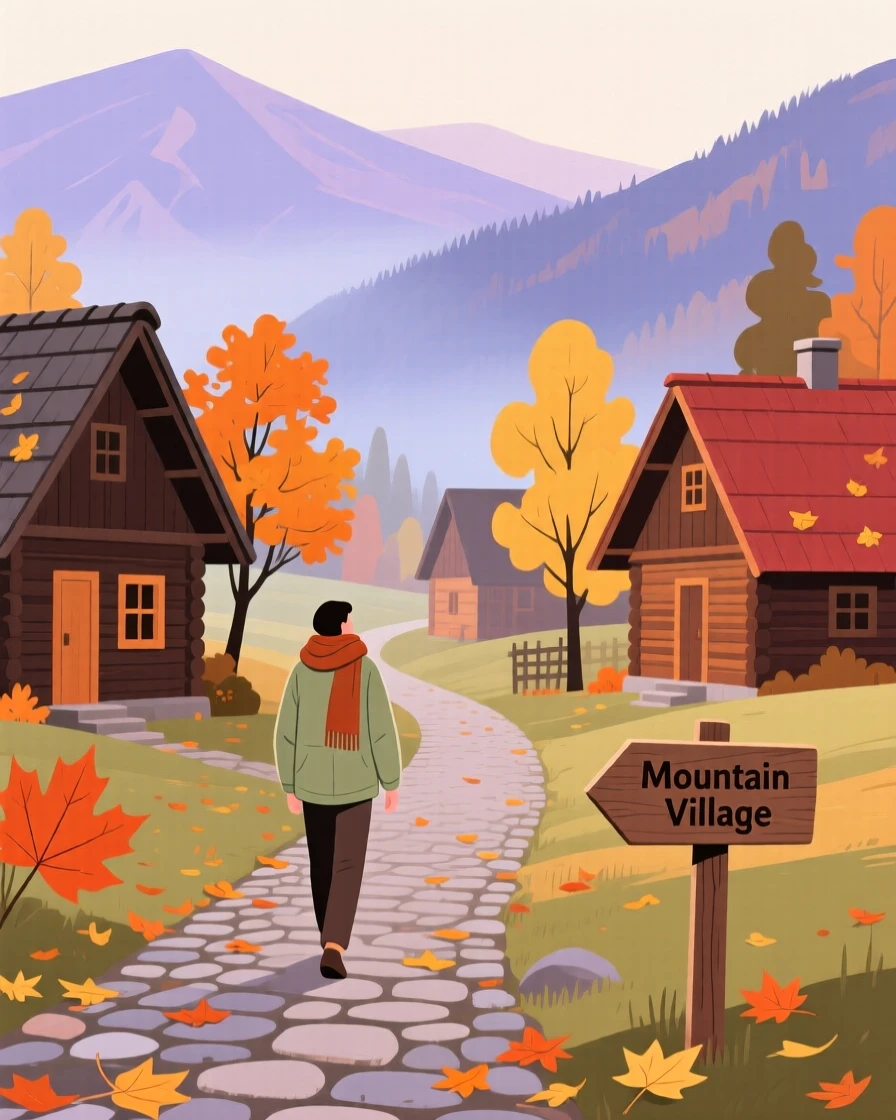 An autumn scene of a quiet morning walk in a mountain village.