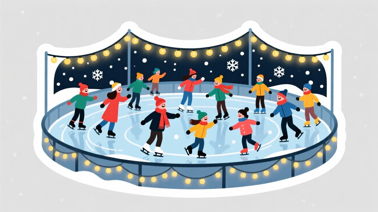 A spirited and joyful winter ice skating rink with twinkling string lights, glowing softly in the evening light, during a beloved yearly tradition.