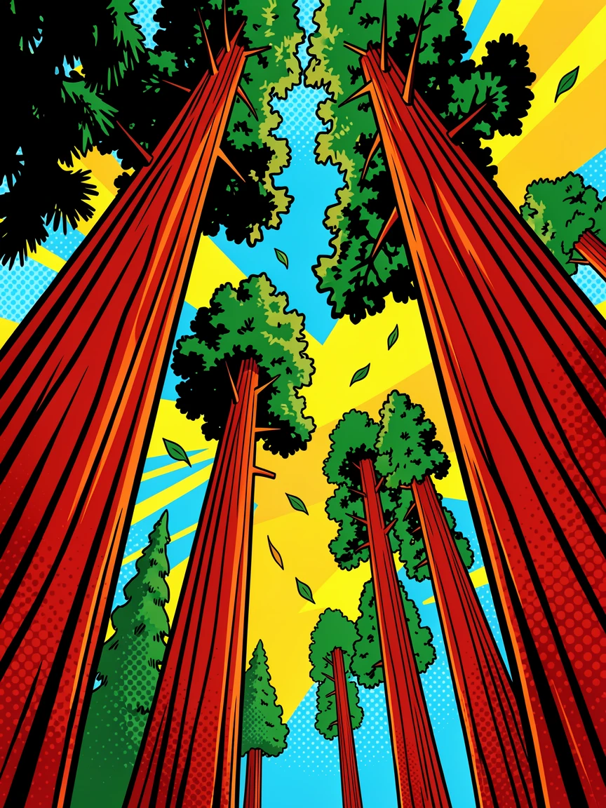 A redwood forest with towering ancient trees reaching skyward