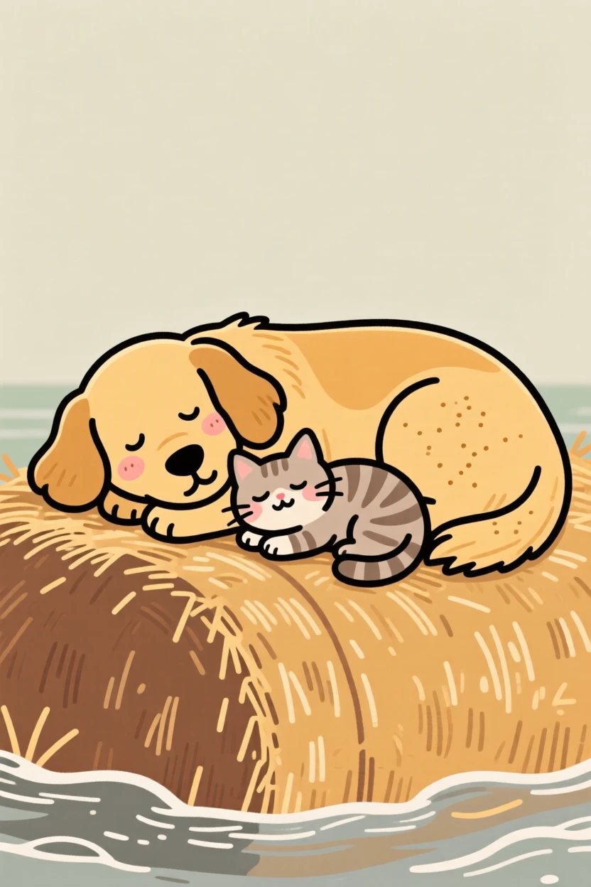 A golden retriever curls up beside a sleeping kitten on a haystack, both worn out after an afternoon of splashing through shallow waves.