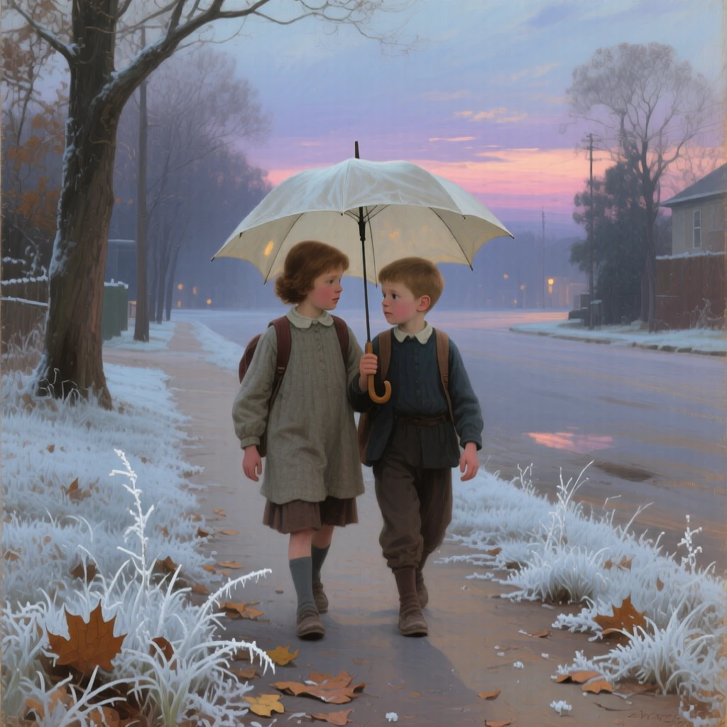 A well-framed scene of two children sharing an umbrella while walking home from school, at twilight, beneath fresh fallen frost.