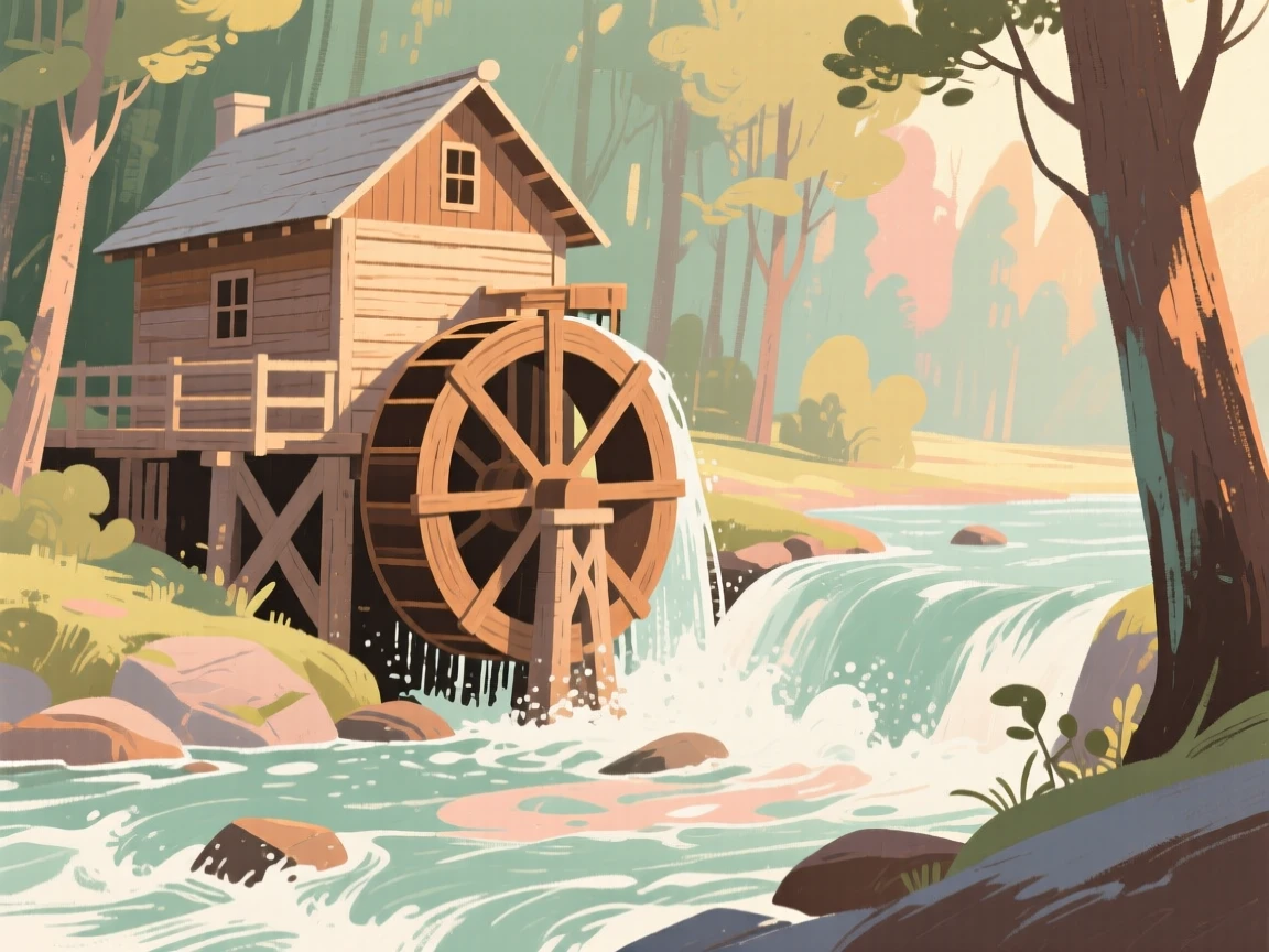 A timber watermill turning beside a rushing forest stream