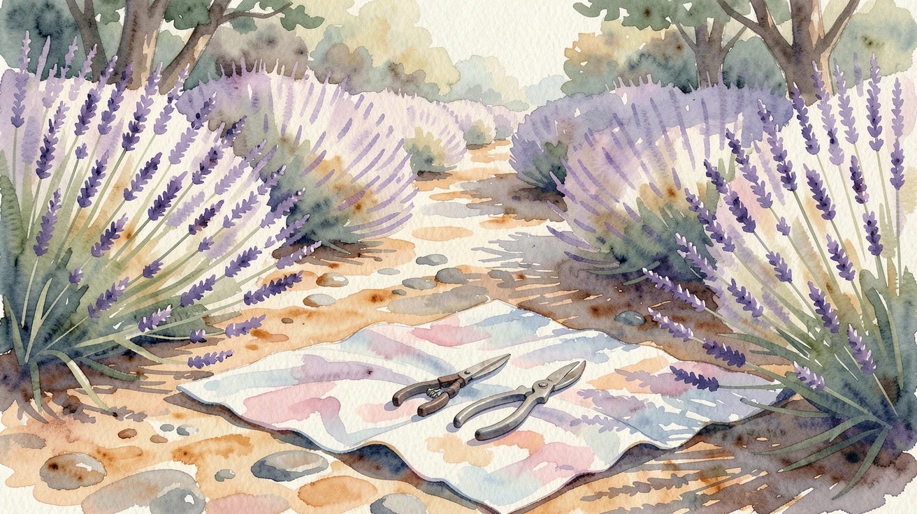 A garden path lined with lavender bushes on a picnic blanket with a pair of garden shears nearby.