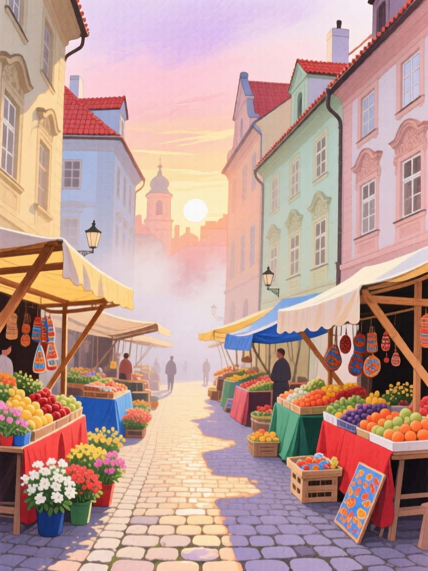 A picturesque view of an old quarter in Prague with colorful market stalls lining the street, under a soft sunrise