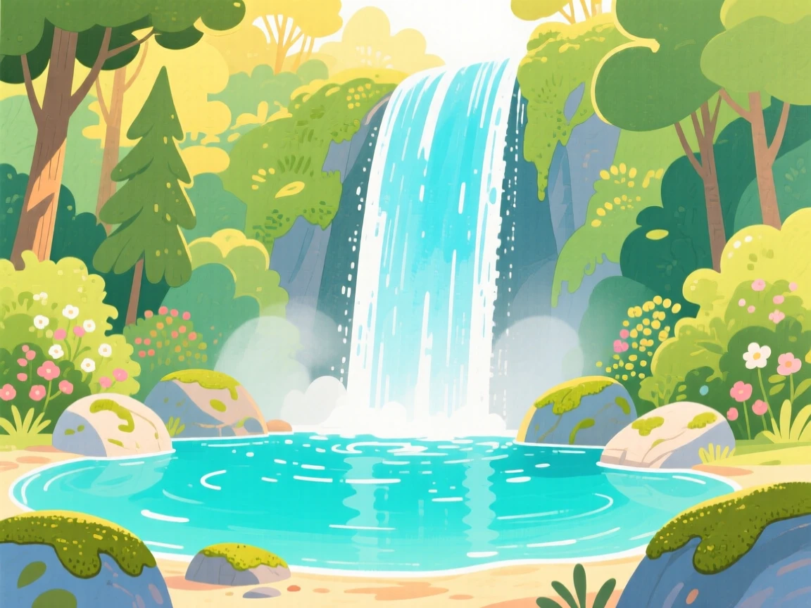 A towering waterfall cascading into a turquoise pool bathed in warm light in the height of summer.