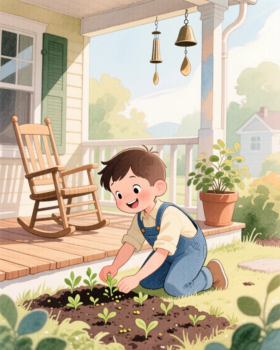 A small boy in overalls planting seeds in a small garden plot, in a grandparents' porch with wind chimes, capturing the pure joy of childhood wonder.