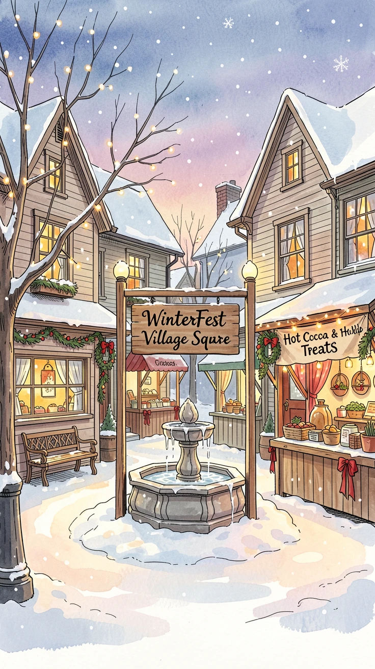 A snow-covered village square decorated with twinkling holiday lights, the mood cozy, joyful, and full of seasonal spirit.