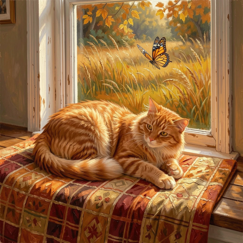 During a cozy autumn evening, a fluffy orange cat curled up on a windowsill, atop a soft quilt in a sun-warmed bedroom, it chasing a butterfly through the grass.