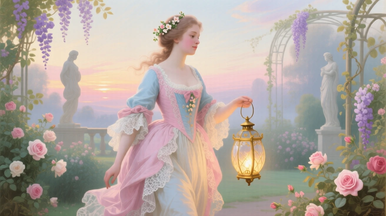 A young woman representing hope, carrying a lantern through a garden at dawn  