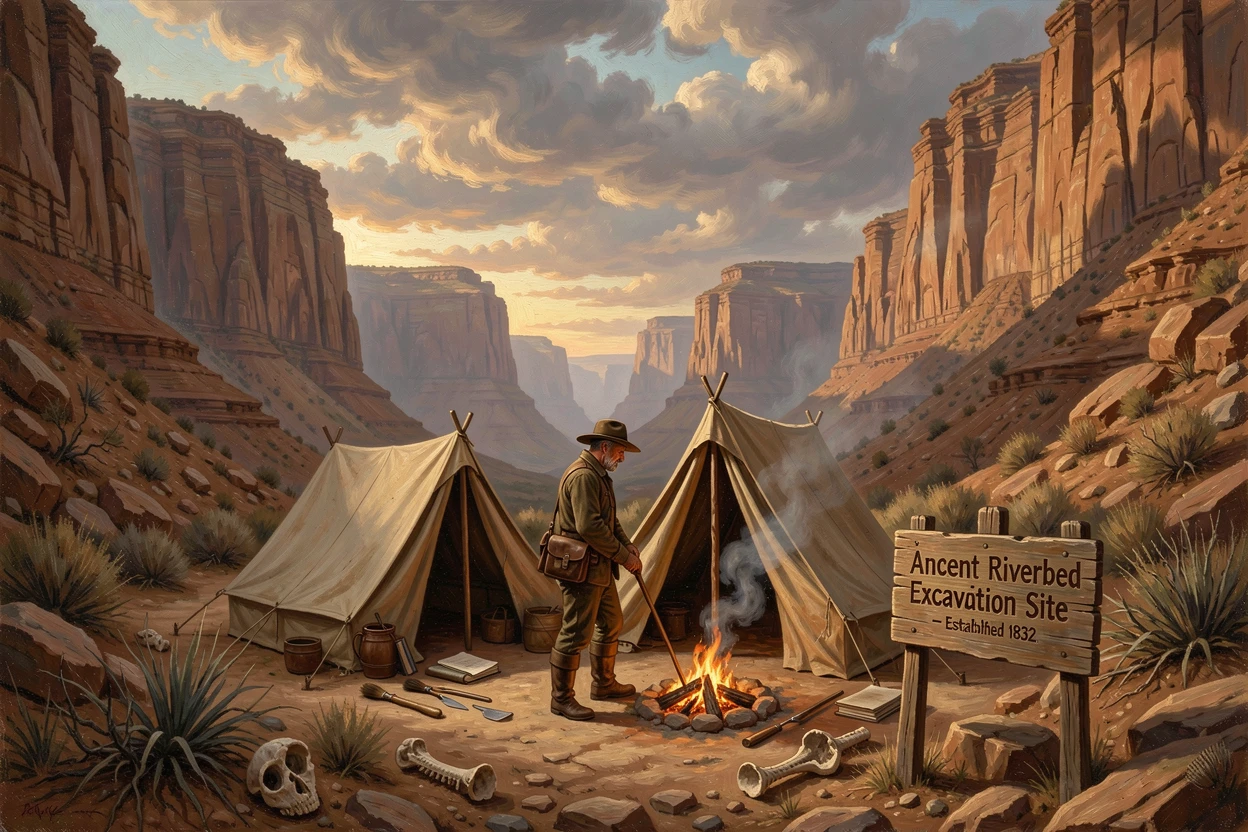 A daring archaeologist sets up camp within a canyon carved by ancient rivers after weeks of difficult travel.